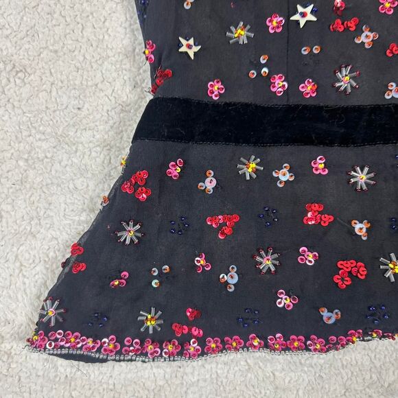 Insane One of a Kind Hand Sequined Velvet Tie Whimsigoth Fairy Sheer Mesh Top - Picture 3 of 6